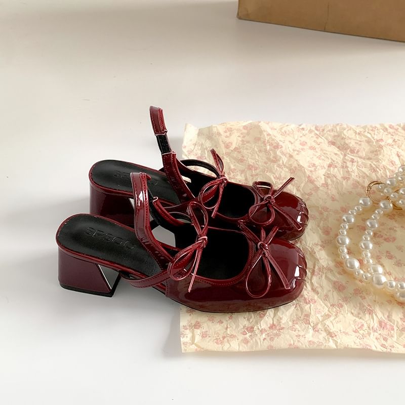 Block Heel Ribbon Accent Slingback Sandals