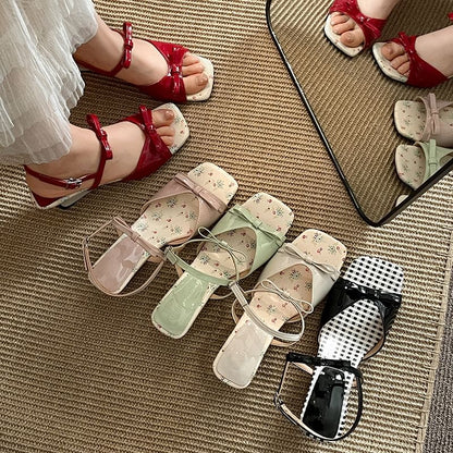 Low Heel Square Toe Floral Print Sandals
