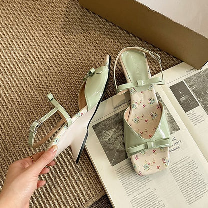 Low Heel Square Toe Floral Print Sandals