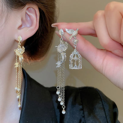 Bird Cage Faux Pearl Asymmetrical Alloy Dangle Earring