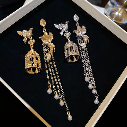 Bird Cage Faux Pearl Asymmetrical Alloy Dangle Earring