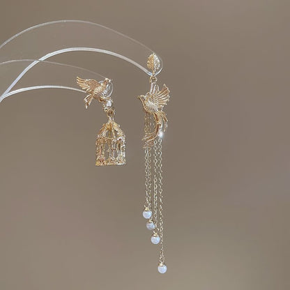 Bird Cage Faux Pearl Asymmetrical Alloy Dangle Earring