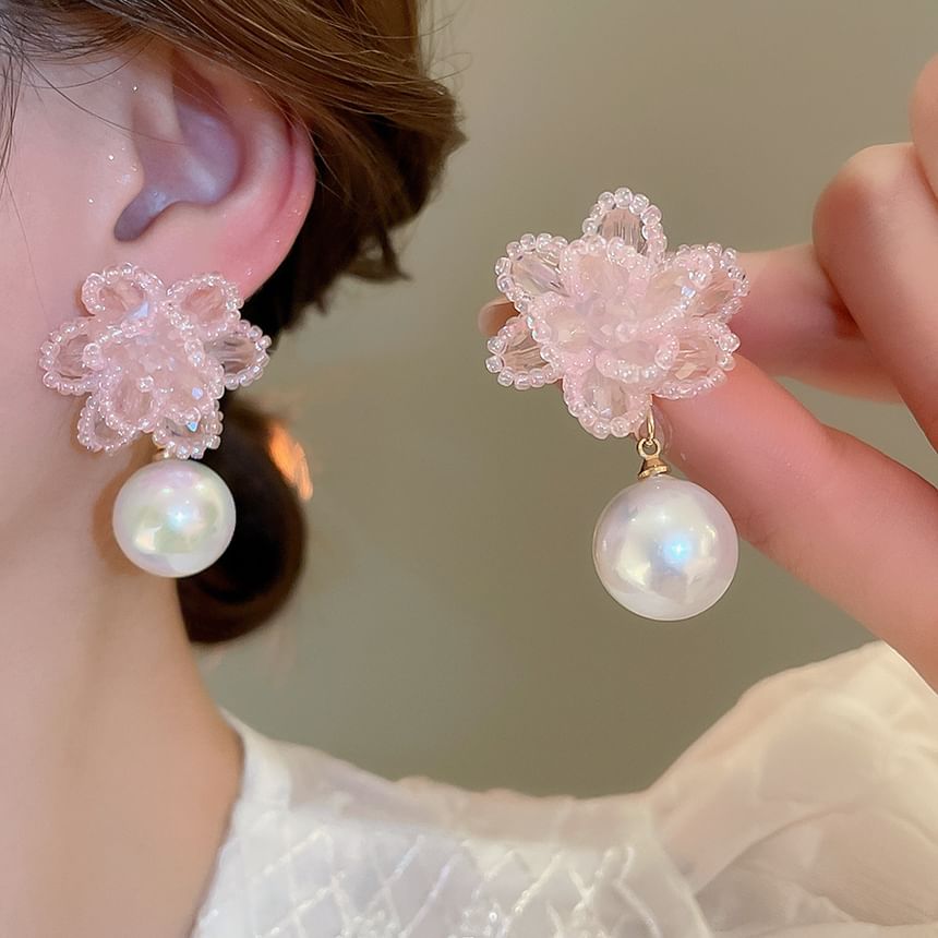 Floral Bead Faux Pearl Alloy Drop Earring