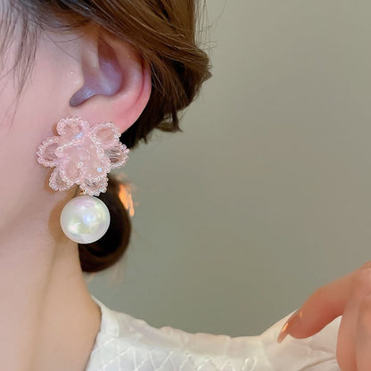 Floral Bead Faux Pearl Alloy Drop Earring