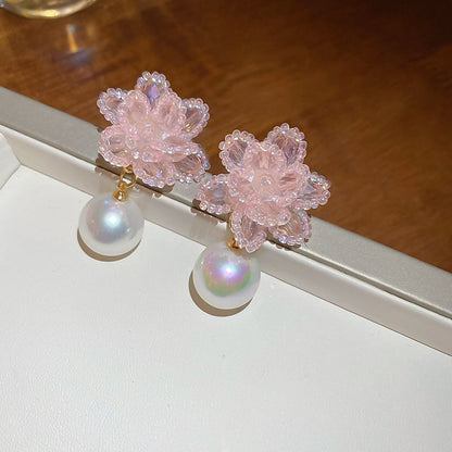 Floral Bead Faux Pearl Alloy Drop Earring