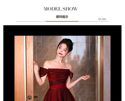 Glitter A-Line Maternity Short-Sleeve Ruched Off-Shoulder Evening Gown