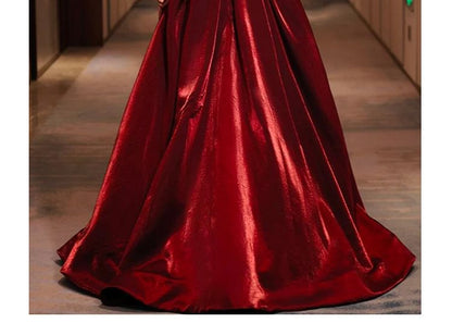Maternity Short-Sleeve Off-Shoulder Glitter Ruched A-Line Evening Gown