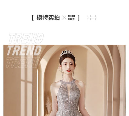 A-Line Neck Gown Evening Cutout Sequin Halter