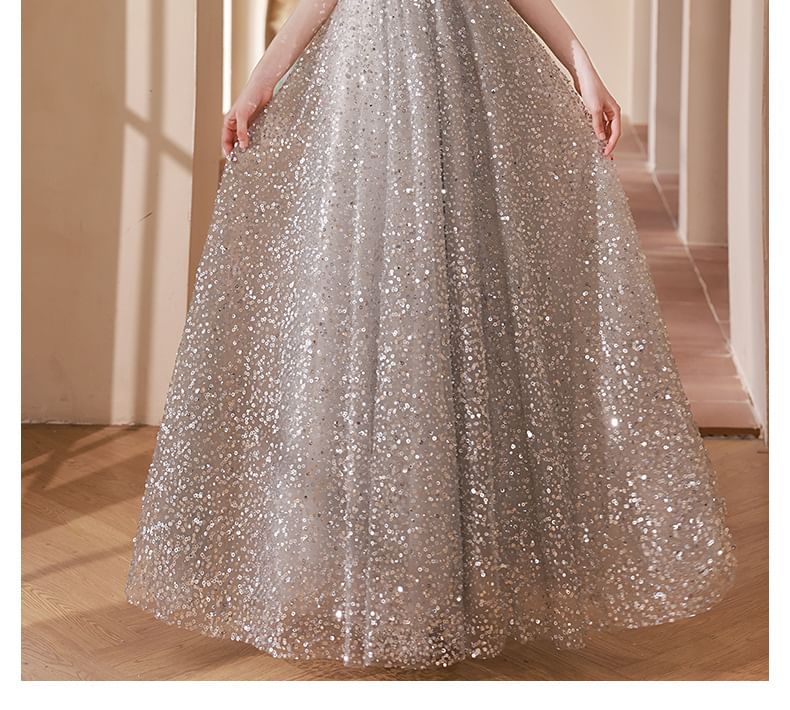 Halter Neck Sequin Cutout A-Line Evening Gown