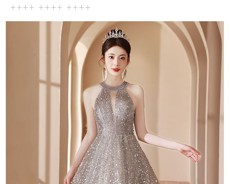 Halter Neck Sequin Cutout A-Line Evening Gown