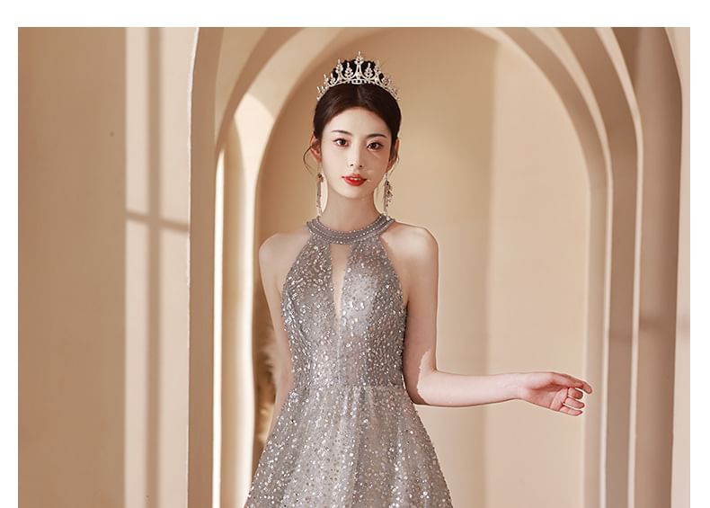 Halter Neck Sequin Cutout A-Line Evening Gown