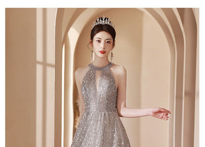 Halter Neck Sequin Cutout A-Line Evening Gown