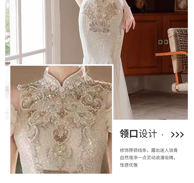 Stand Collar Cold Shoulder Floral Embroidered Sequin Mermaid Evening Gown