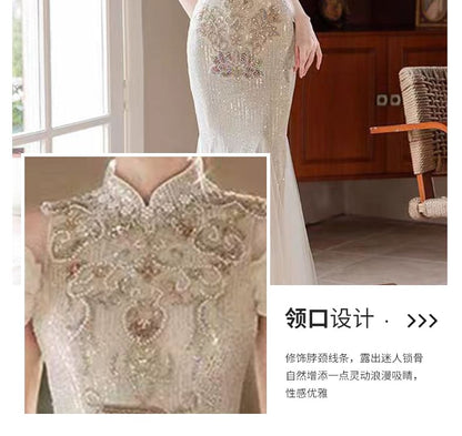 Stand Collar Cold Shoulder Floral Embroidered Sequin Mermaid Evening Gown