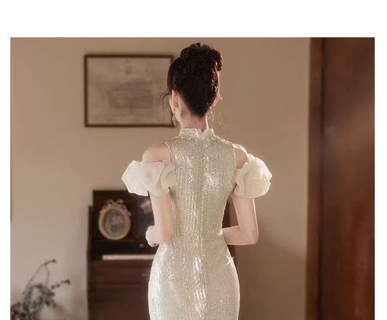 Stand Collar Cold Shoulder Floral Embroidered Sequin Mermaid Evening Gown