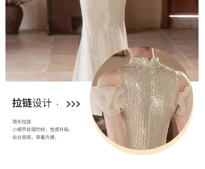 Cold Floral Shoulder Gown Sequin Embroidered Mermaid Stand Evening Collar