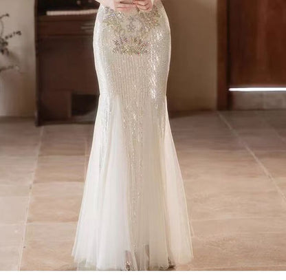 Stand Collar Cold Shoulder Floral Embroidered Sequin Mermaid Evening Gown
