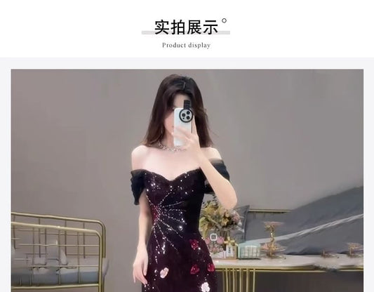 Short-Sleeve Off-Shoulder Sequin Floral Accent Mermaid Evening Gown