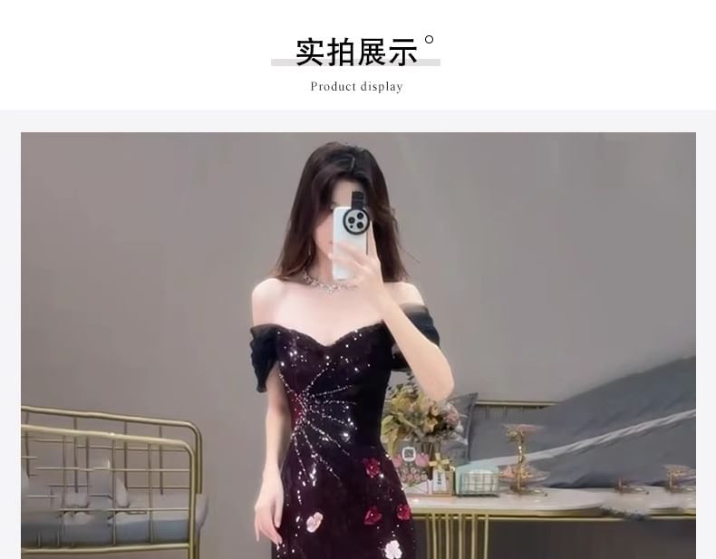 Sequin Accent Short-Sleeve Gown Mermaid Off-Shoulder Evening Floral