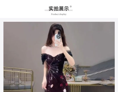 Sequin Accent Short-Sleeve Gown Mermaid Off-Shoulder Evening Floral