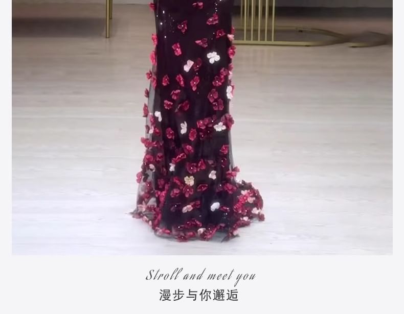 Off-Shoulder Floral Sequin Short-Sleeve Accent Mermaid Evening Gown