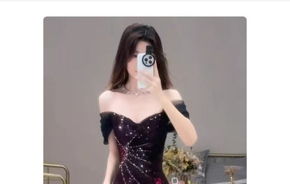 Sequin Accent Short-Sleeve Gown Mermaid Off-Shoulder Evening Floral