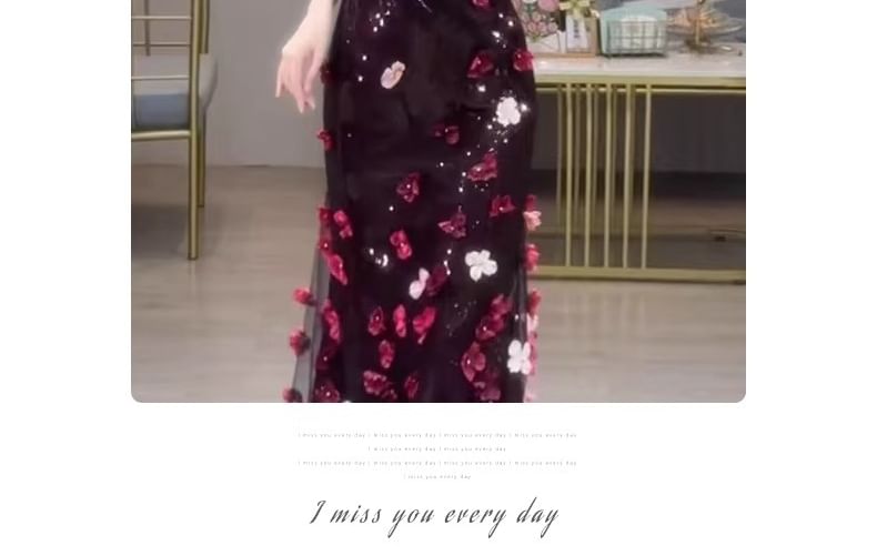 Off-Shoulder Floral Sequin Short-Sleeve Accent Mermaid Evening Gown