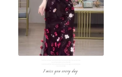 Off-Shoulder Floral Sequin Short-Sleeve Accent Mermaid Evening Gown