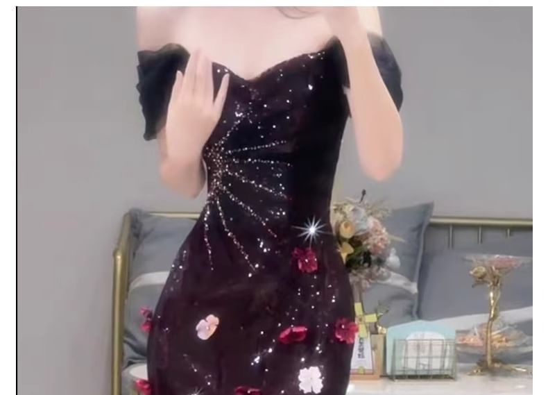 Short-Sleeve Off-Shoulder Sequin Floral Accent Mermaid Evening Gown