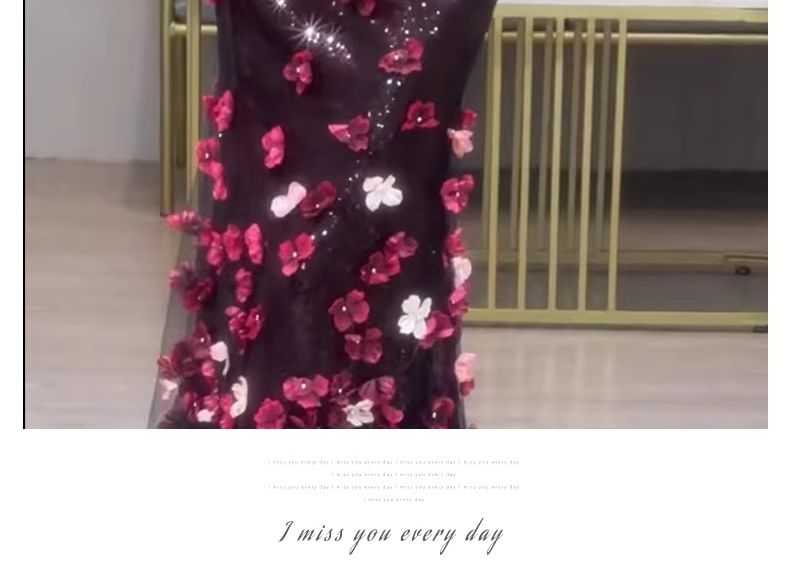 Sequin Accent Short-Sleeve Gown Mermaid Off-Shoulder Evening Floral