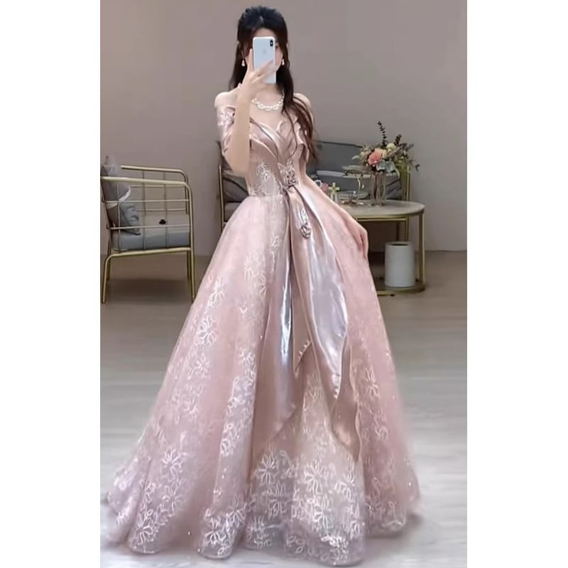 Short-Sleeve Lace Accent Evening A-Line Off-Shoulder Floral Gown