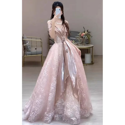 Short-Sleeve Lace Accent Evening A-Line Off-Shoulder Floral Gown