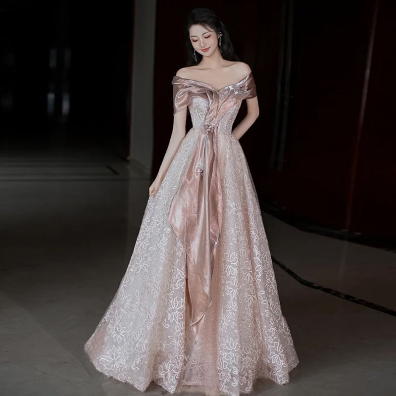 Short-Sleeve Off-Shoulder Floral Accent Lace A-Line Evening Gown