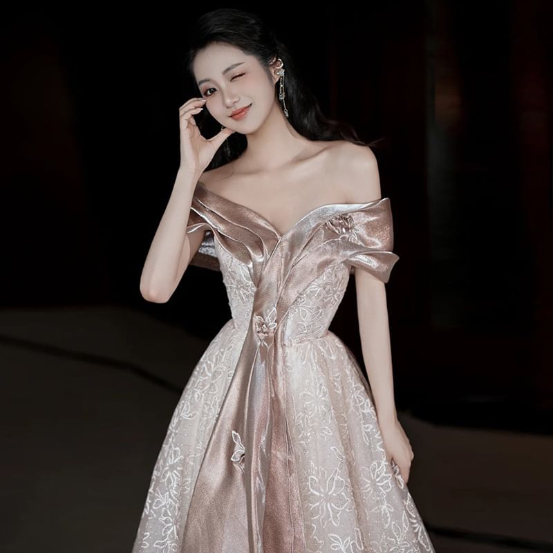 Short-Sleeve Lace Accent Evening A-Line Off-Shoulder Floral Gown