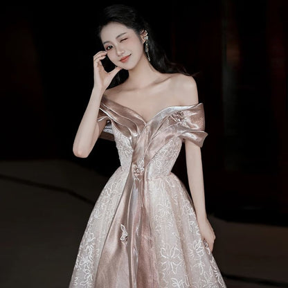 Short-Sleeve Lace Accent Evening A-Line Off-Shoulder Floral Gown