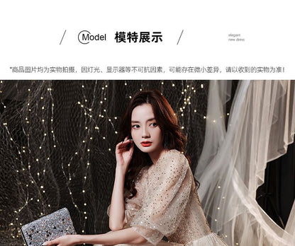 Neckline Embroidered Puff-Sleeve Sequin Sweetheart A-Line Gown Evening Mesh