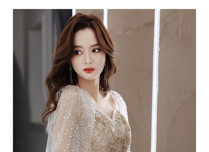 Puff-Sleeve Sweetheart Neckline Embroidered Sequin Mesh A-Line Evening Gown