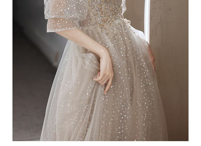 Puff-Sleeve Sweetheart Neckline Embroidered Sequin Mesh A-Line Evening Gown