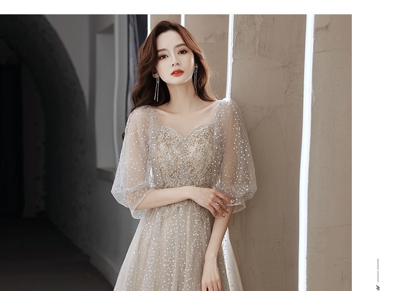 Puff-Sleeve Sweetheart Neckline Embroidered Sequin Mesh A-Line Evening Gown
