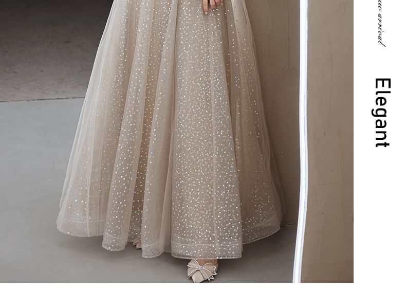 Neckline Embroidered Puff-Sleeve Sequin Sweetheart A-Line Gown Evening Mesh