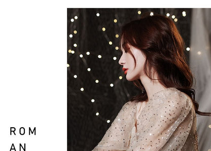 Neckline Embroidered Puff-Sleeve Sequin Sweetheart A-Line Gown Evening Mesh