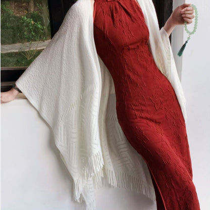 Halter Neck Stand Collar Floral Jacquard Slit Midi Sheath Qipao / Plain Perforated Fringed Shawl / Set