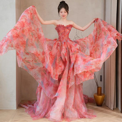 Strapless Floral Print Layered Trained A-Line Evening Gown