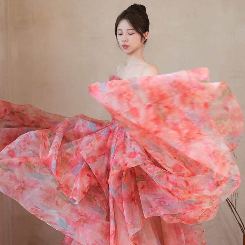 Strapless Floral Print Layered Trained A-Line Evening Gown