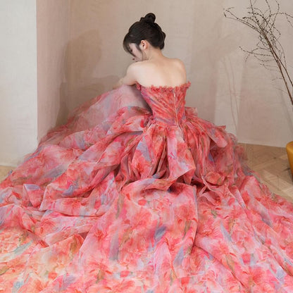 Strapless Floral Print Layered Trained A-Line Evening Gown