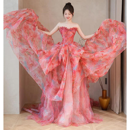 Strapless Floral Print Layered Trained A-Line Evening Gown