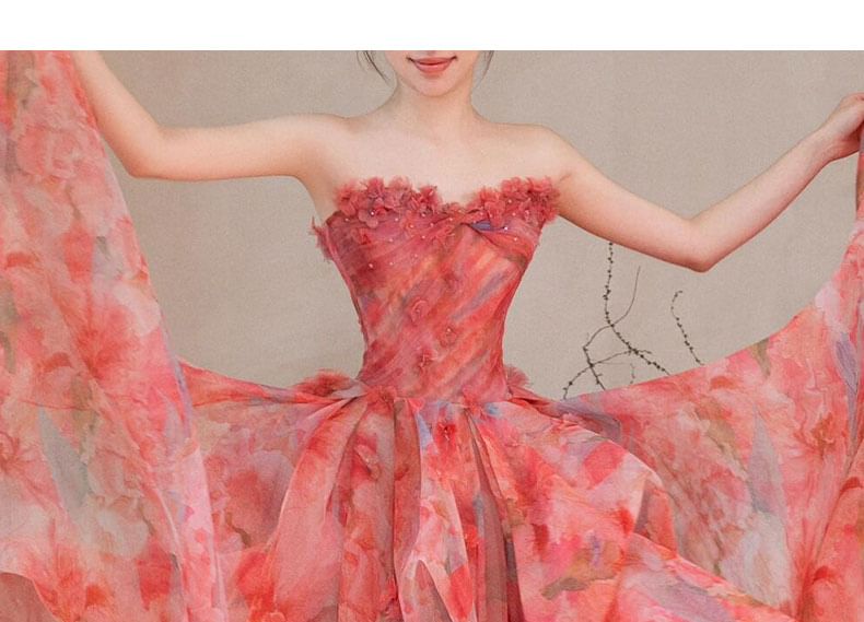 Strapless Floral Print Layered Trained A-Line Evening Gown