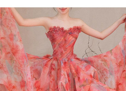 Strapless Floral Print Layered Trained A-Line Evening Gown