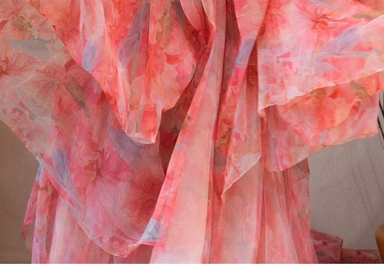 Strapless Floral Print Layered Trained A-Line Evening Gown