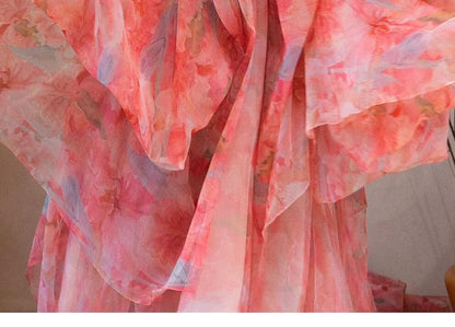 Strapless Floral Print Layered Trained A-Line Evening Gown